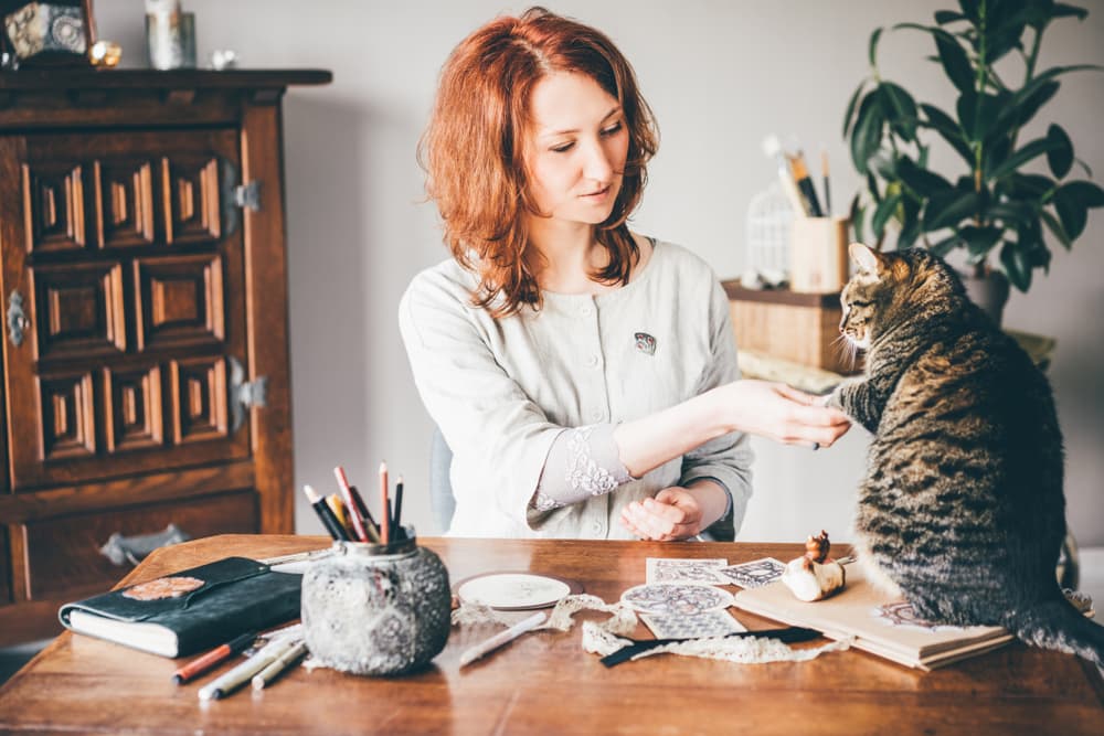 Woman teaching cat a trick