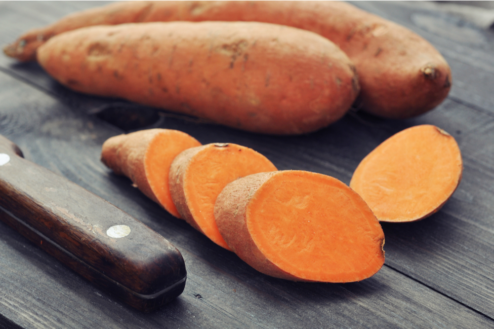 Sweet potatoes sliced on the table