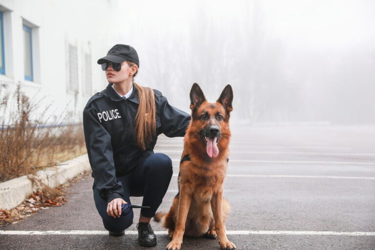 Police woman with German Shepherd dog breed