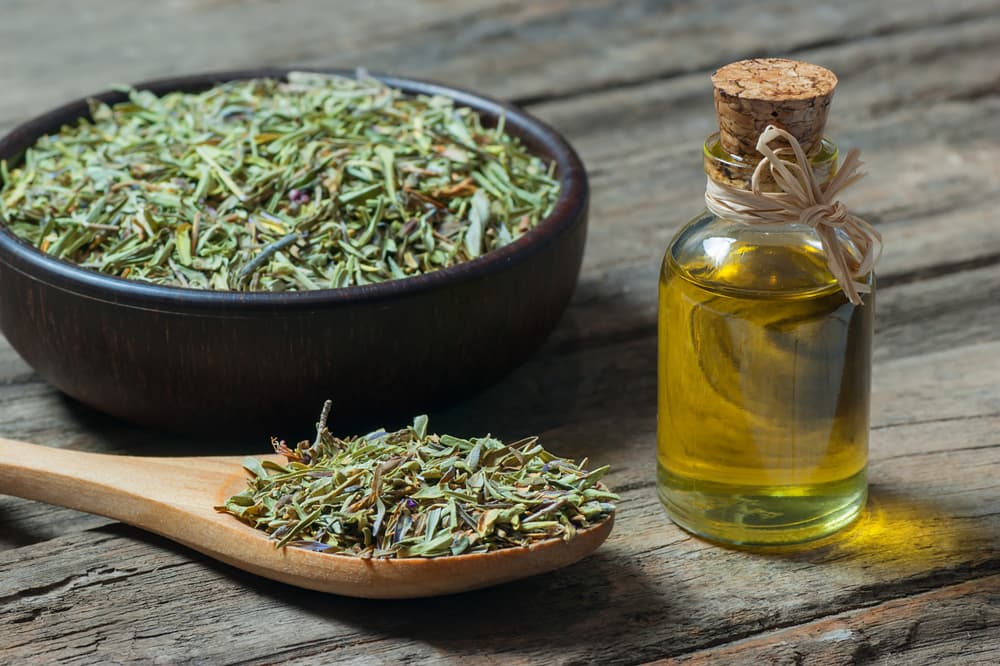 Oregano and oil on table