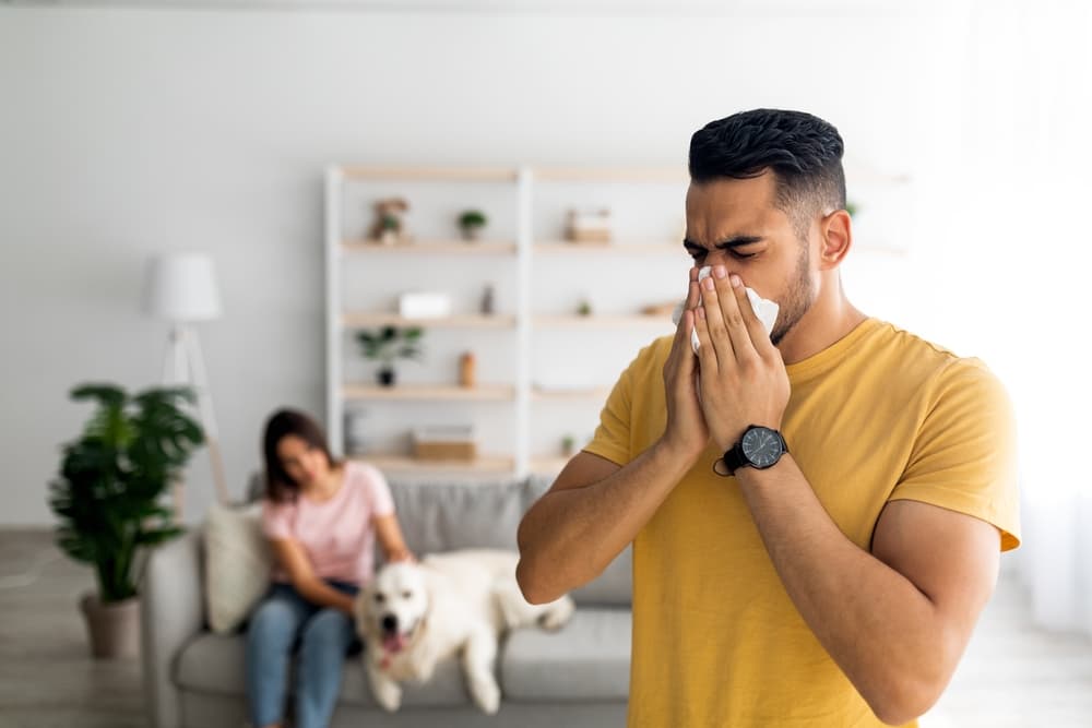 Human coughing into a tissue with dog in the background