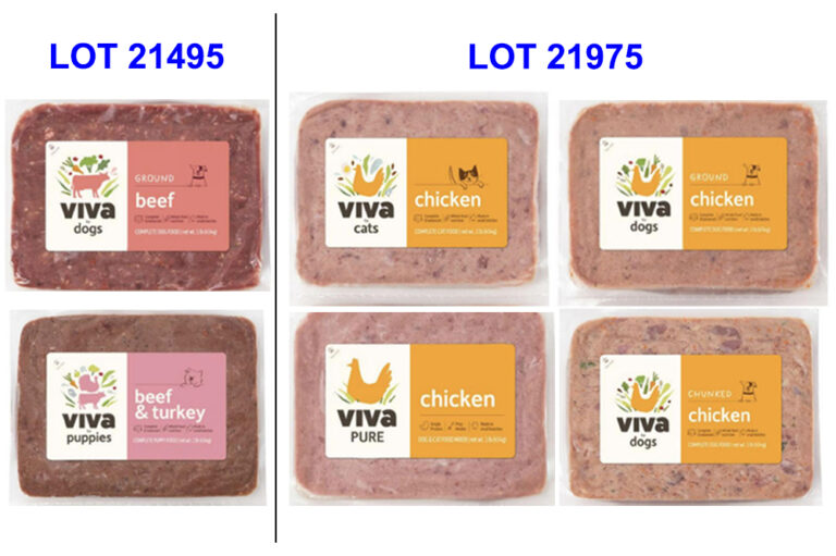 Packages of recalled Viva Raw dog and cat foods