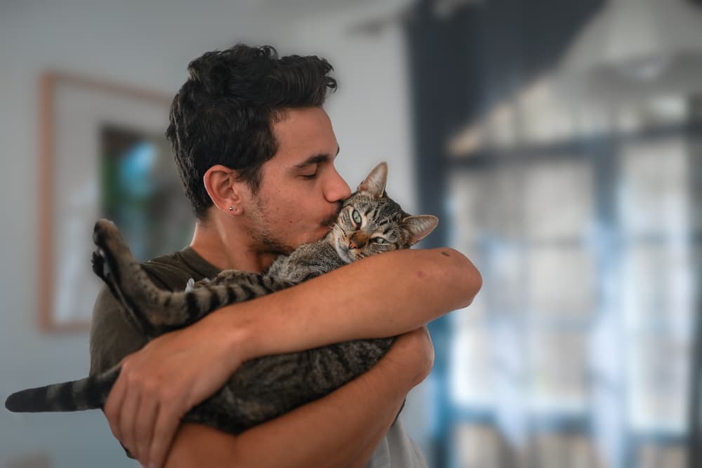 Man kissing cat