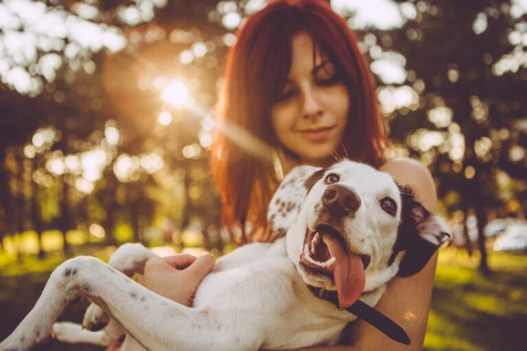 Dog being held by woman outside